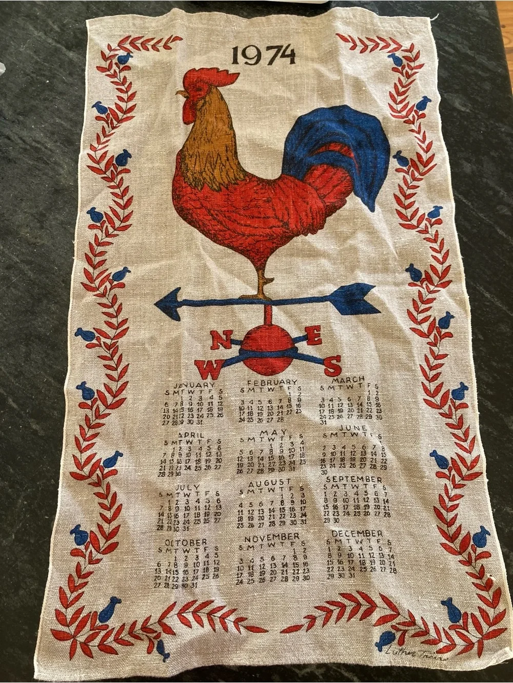 Vintage 1974 Linen Tea Towel Calendar with Large ROOSTER & Weathervane  EUC